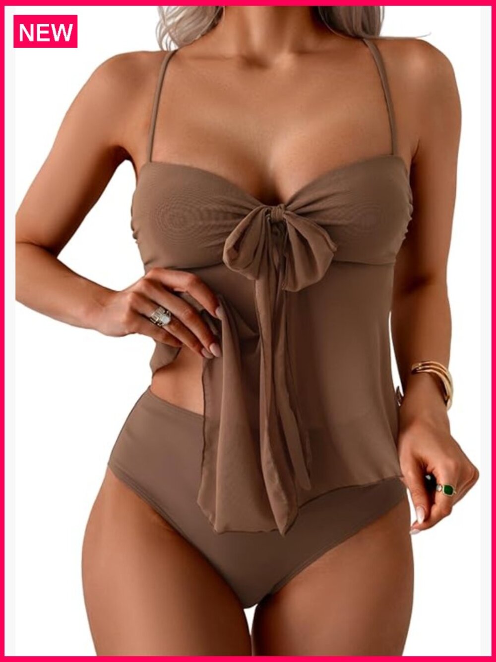 Tankini Swimsuits for Women Tummy Control Flowy Mesh High Waisted Bottoms 2